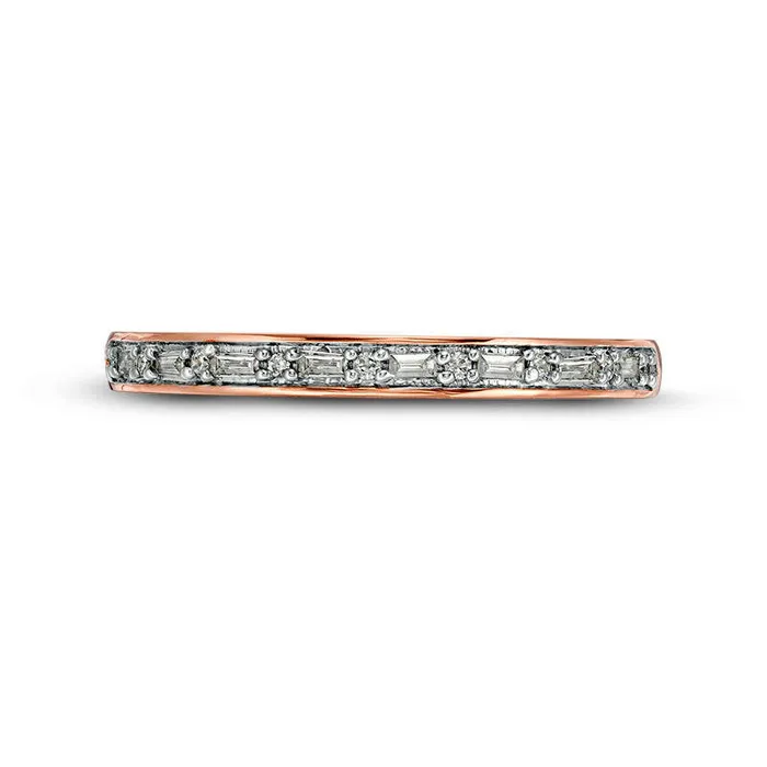 013 CT TW Baguette and Round Natural Diamond Alternating Stackable Band in Solid 10K Rose Gold Goldia Rings