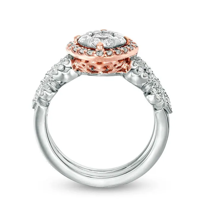 125 CT TW Natural Diamond Tilted Cushion Frame Antique VintageStyle Bridal Engagement Ring Set in Solid 10K TwoTone Gold Goldia Rings
