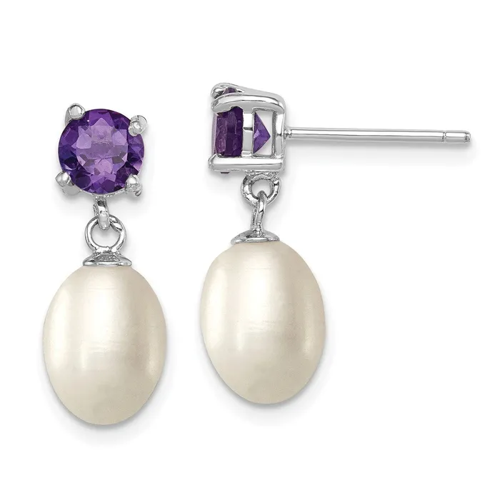 Earrings Goldia Sterling Silver Rhodium Plated Amethyst and 78mm Freshwater Cultured Pearl Teardrop Dangle Post Earrings
