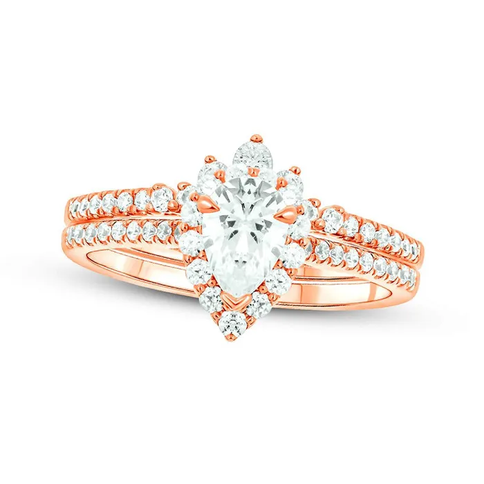 Goldia 10 CT TW PearShaped Natural Diamond Frame Contour Bridal Engagement Ring Set in Solid 14K Rose Gold II2 Rings
