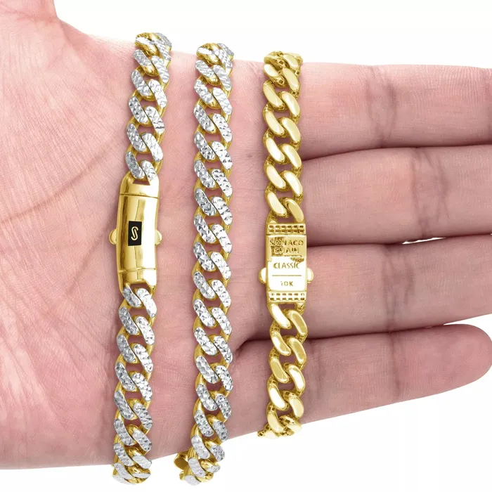 Goldiacom Necklaces 10k Yellow Gold 11mm Monaco Miami Cuban Link Diamond Cut Pave Chain Necklace 18