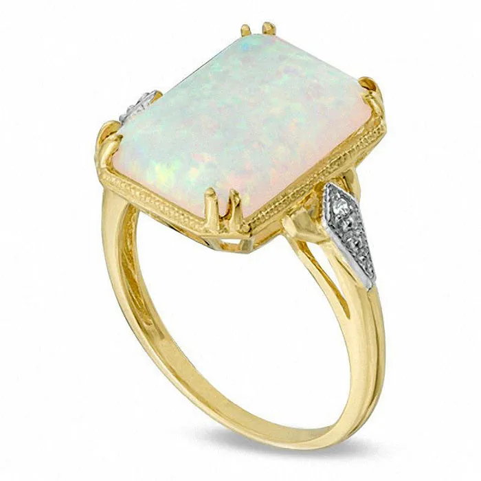 Goldia Rings Rectangular LabCreated Opal and Diamond Accent Ring in Solid 10K Yellow Gold