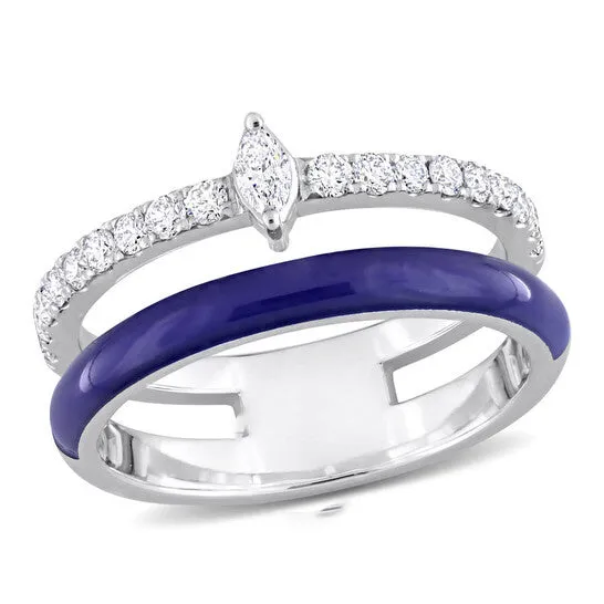 JMS always Rings Original Amour 25 CT TDW mARQUIse and Round Diamond Double Band Ring in 14k White Gold and Blue Enamel