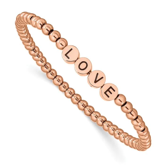Chisel Stainless Steel Antiqued and Polished Rose IPplated LOVE 4mm Stretch Bracelet TreasureFineJewelers Bracelets