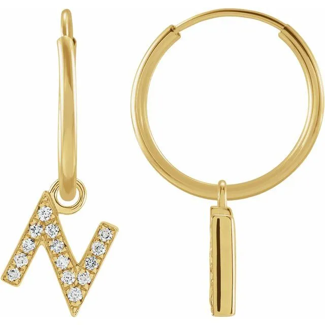 Earrings TreasureFineJewelers 14K Yellow Gold 05 CTW Natural Diamond Single Initial N Hoop Earring