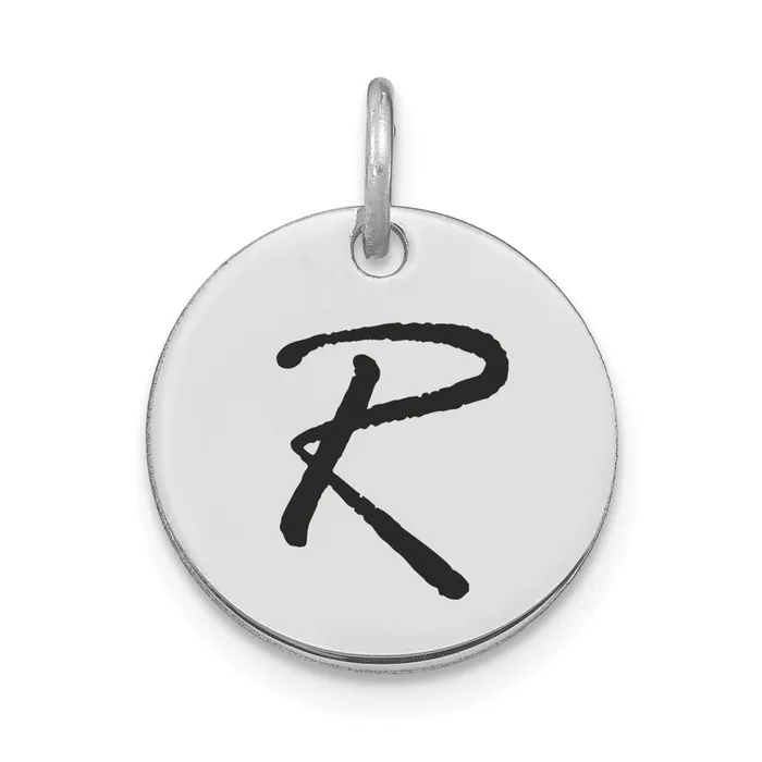 TreasureFineJewelers Charm Necklaces 14k White Gold Polished Black Enamel Letter R Initial Disk Charm