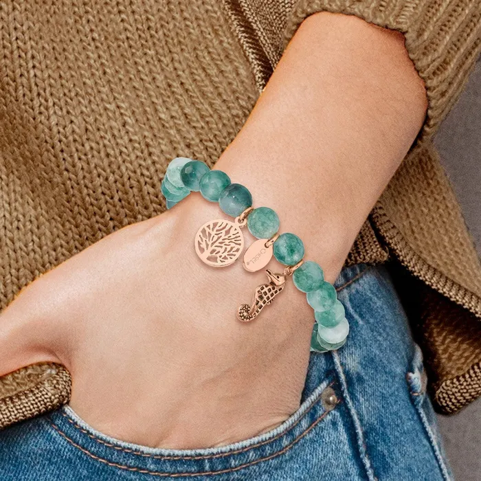 TreasureFineJewelers Chisel Stainless Steel Antiqued and Polished Rose IPplated Seahorse and Tree of Life 8mm Green Dyed Jade Beaded Stretch Bracelet Bracelets