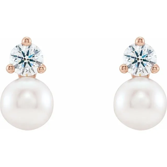 TreasureFineJewelers Earrings 14K Rose Gold Cultured White Gold Freshwater Pearl 12 CTW Natural Diamond Earrings