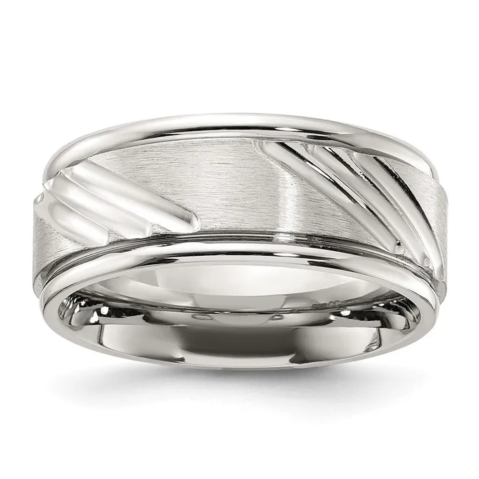 TreasureFineJewelers Rings Stainless Steel Polished wBrushed Center Grooved 900mm Band TreasureFineJewelers Rings Stainless Steel Polished wBrushed Center Grooved 900mm Band