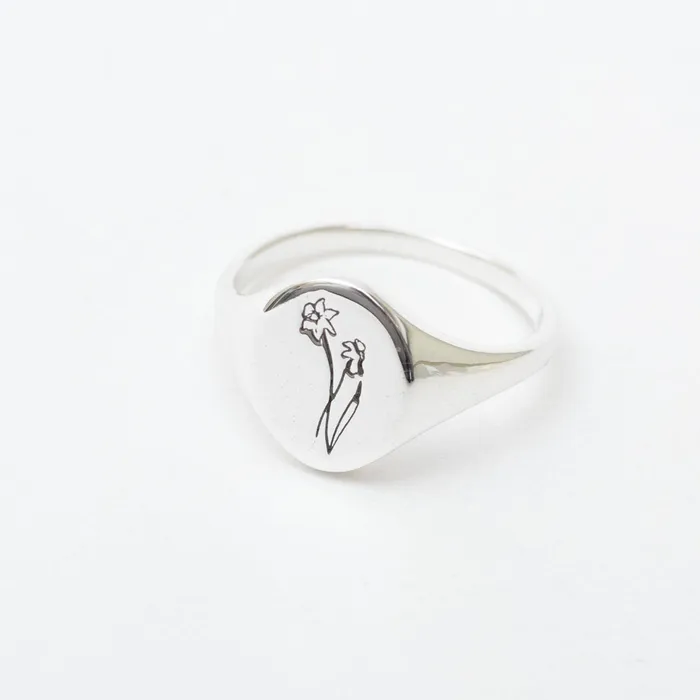 Silver Lotus Rings March Birth Flower Signet Ring