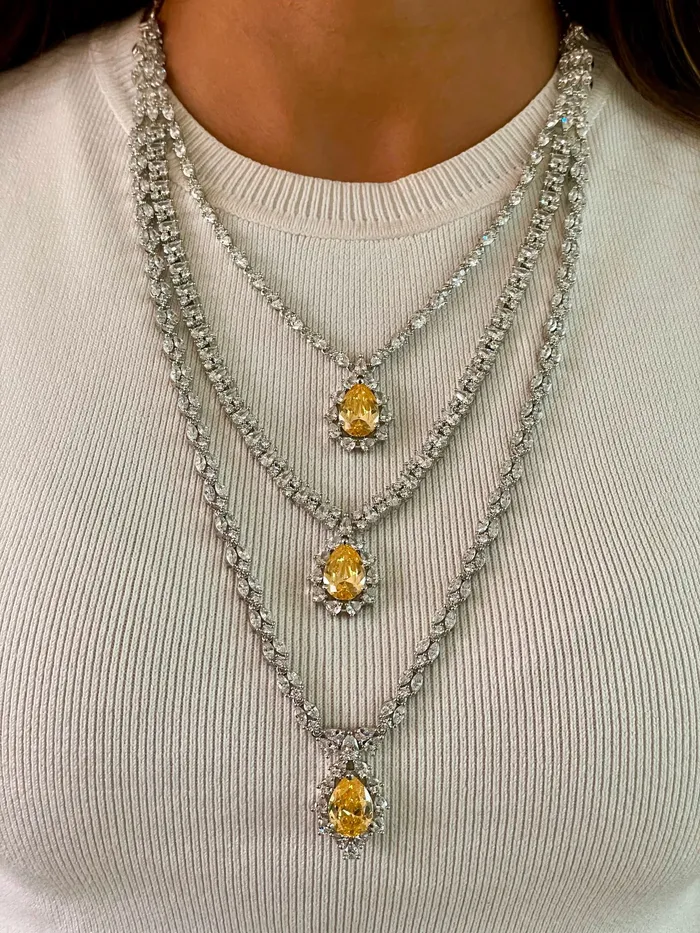 3 Layer Dimonte Citrine Tear Drop Necklace Set Necklace Earrings PRERTO ECOMMERCE PRIVATE LIMITED Necklaces