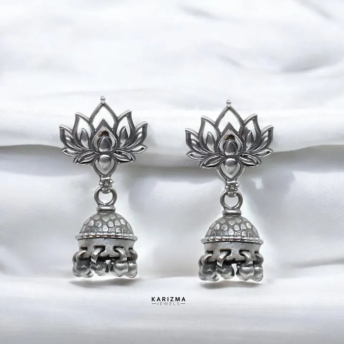 Earrings Karizma Jewels 925 Sterling Silver Oxidised Lotus Jhumki Earring For Women Earrings Karizma Jewels 925 Sterling Silver Oxidised Lotus Jhumki Earring For Women