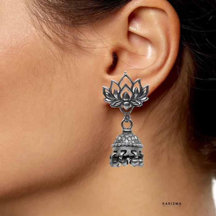 Earrings Karizma Jewels 925 Sterling Silver Oxidised Lotus Jhumki Earring For Women
