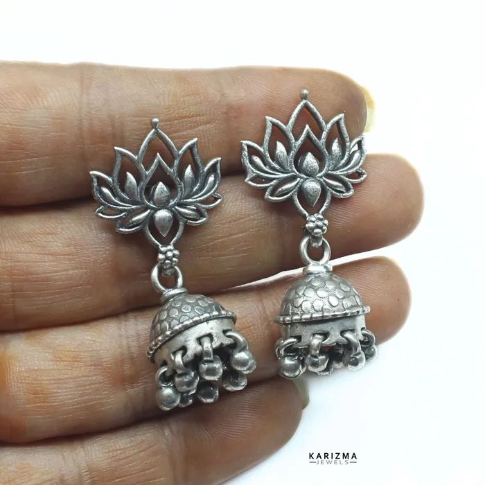 Earrings Karizma Jewels 925 Sterling Silver Oxidised Lotus Jhumki Earring For Women