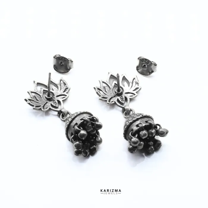 Earrings Karizma Jewels 925 Sterling Silver Oxidised Lotus Jhumki Earring For Women