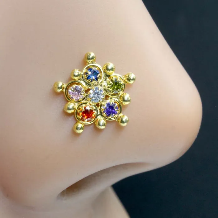 Earrings Karizma Jewels Ethnic Floral Real Sterling Silver Multi CZ Women Nose Stud Push Pin