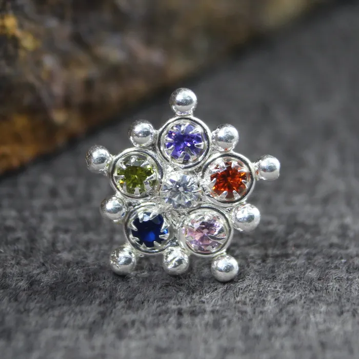 Earrings Karizma Jewels Ethnic Floral Real Sterling Silver Multi CZ Women Nose Stud Push Pin