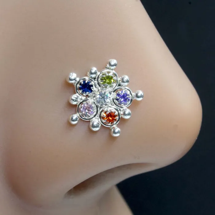 Earrings Karizma Jewels Ethnic Floral Real Sterling Silver Multi CZ Women Nose Stud Push Pin