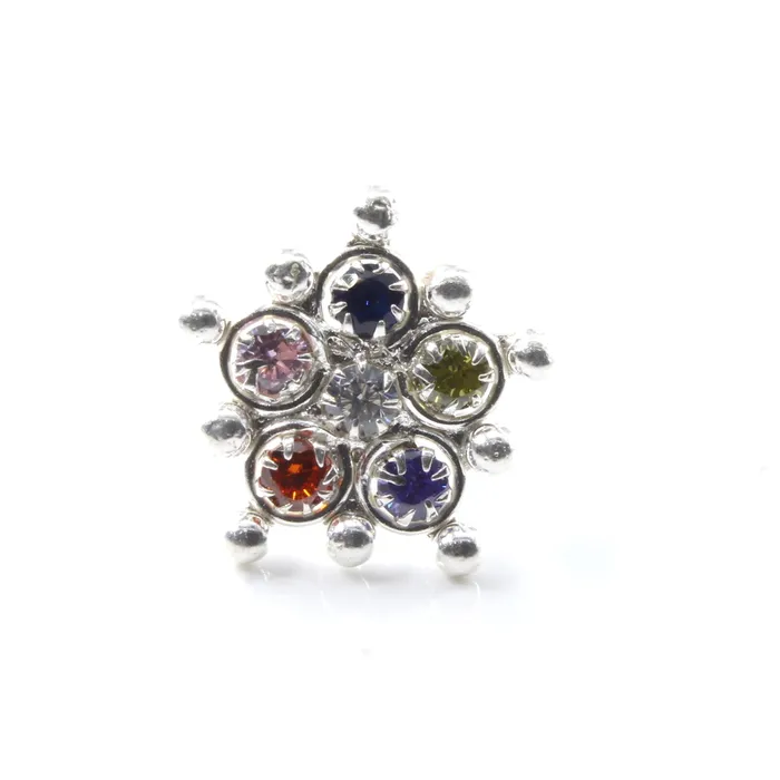 Earrings Karizma Jewels Ethnic Floral Real Sterling Silver Multi CZ Women Nose Stud Push Pin