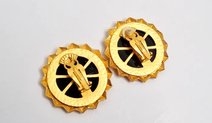 Earrings Vintage by Misty Karl Lagerfeld 1980s Gold Plated and Black Onyx ClipOn Earrings