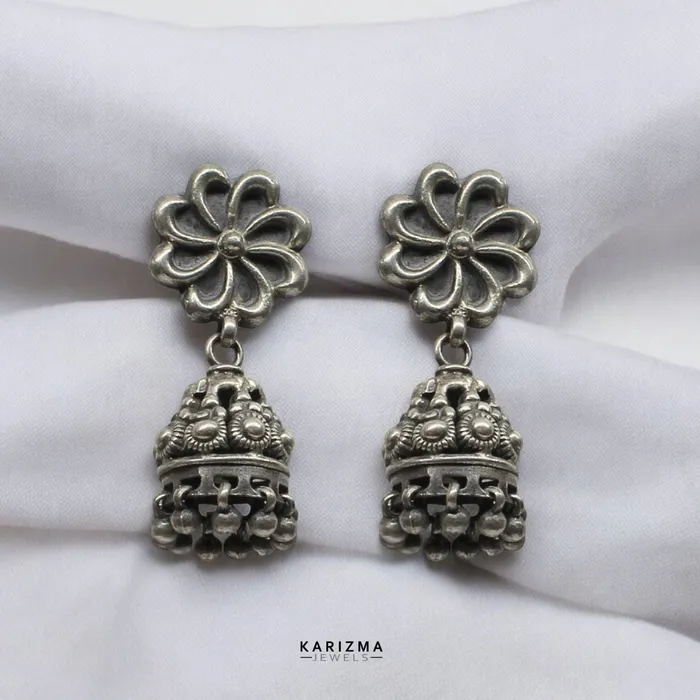 Karizma Jewels Earrings 925 Sterling Silver Oxidized Flower and Ghunghroo dangle Jumka women Earrings Karizma Jewels Earrings 925 Sterling Silver Oxidized Flower and Ghunghroo dangle Jumka women Earrings