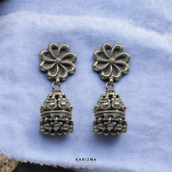 Karizma Jewels Earrings 925 Sterling Silver Oxidized Flower and Ghunghroo dangle Jumka women Earrings