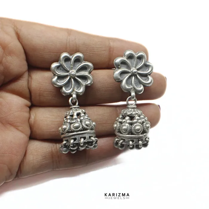 Karizma Jewels Earrings 925 Sterling Silver Oxidized Flower and Ghunghroo dangle Jumka women Earrings