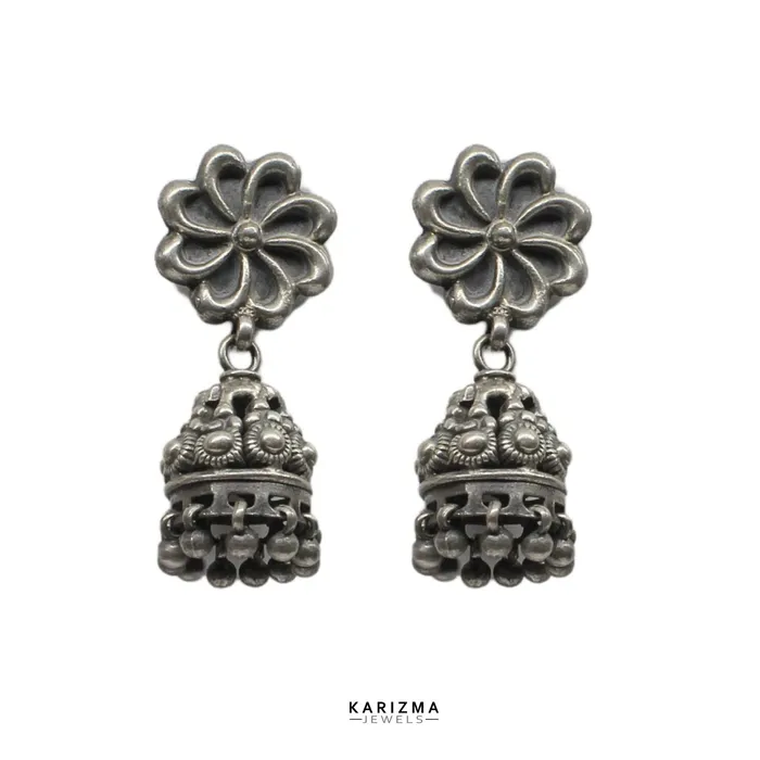 Karizma Jewels Earrings 925 Sterling Silver Oxidized Flower and Ghunghroo dangle Jumka women Earrings