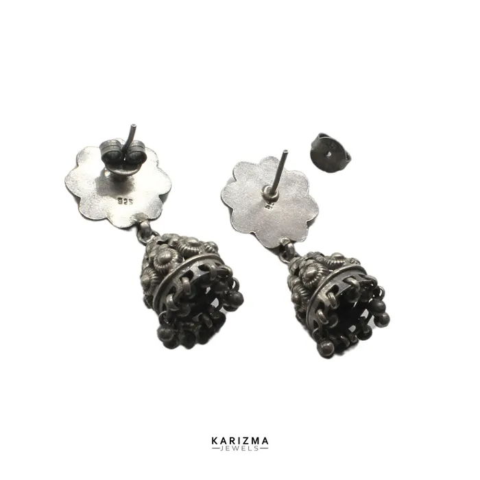Karizma Jewels Earrings 925 Sterling Silver Oxidized Flower and Ghunghroo dangle Jumka women Earrings