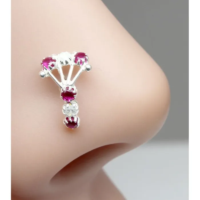 Karizma Jewels Rings Ethnic Indian 925 Sterling Silver Pink White CZ Studded Corkscrew nose ring 22g Karizma Jewels Rings Ethnic Indian 925 Sterling Silver Pink White CZ Studded Corkscrew nose ring 22g