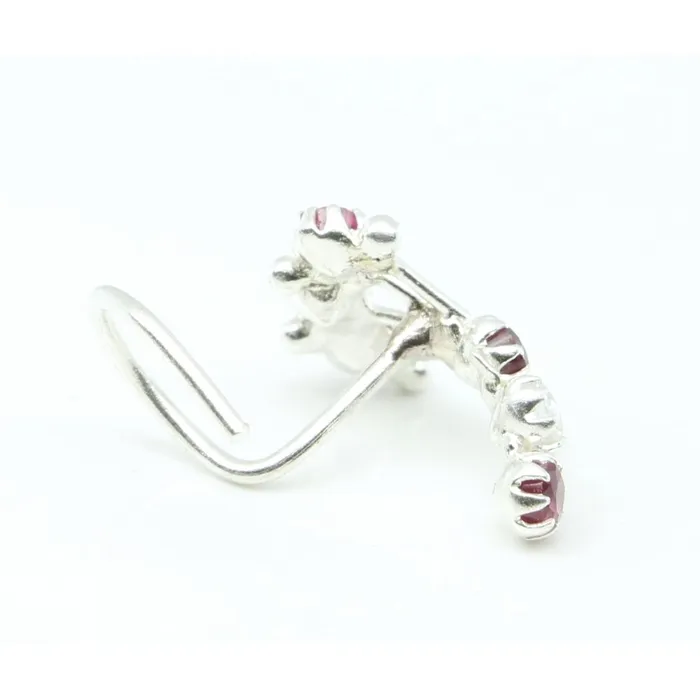 Karizma Jewels Rings Ethnic Indian 925 Sterling Silver Pink White CZ Studded Corkscrew nose ring 22g
