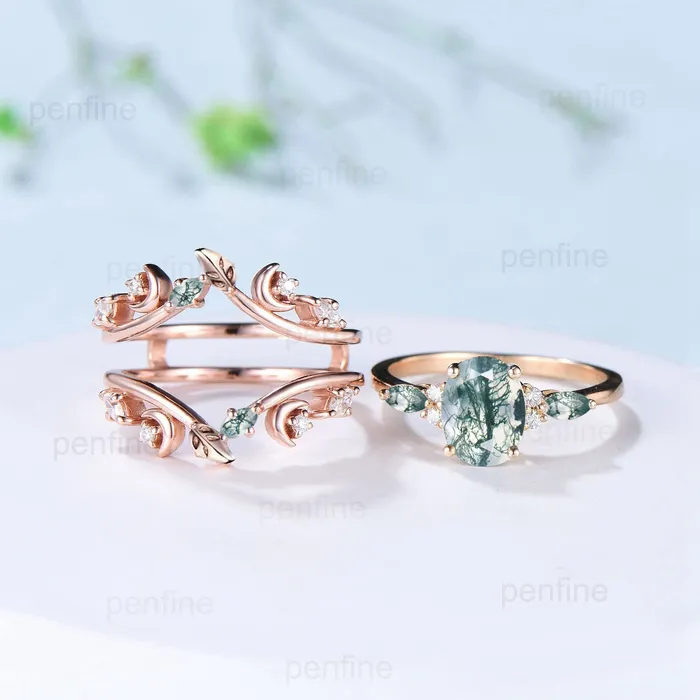 PENFINE 15CT Natural Oval Moss Agate Engagement Ring Set Marquise Aquatic Agate Moon Wedding Ring Nature Inspired Double Leaf Stacking Bridal Set Rings