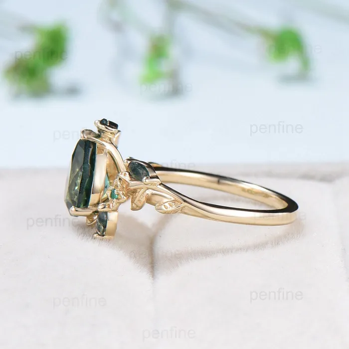 PENFINE Rings Elegant Pear Shaped Lapis Lazuli Ring Vintage Flower Engagement Ring Leaf Marquise Moss Agate Wedding Ring Unique Emerald Twig Branch Ring