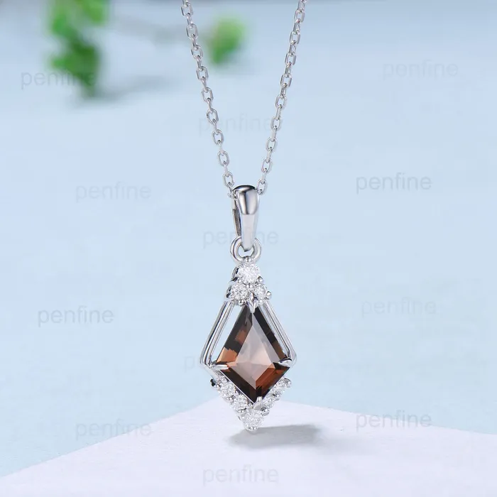 PENFINE Vintage 15CT Kite Cut Smoky Quartz Necklace Silver White Gold Brown Stone Pendant Necklace Anniversary Gift for Women Necklaces