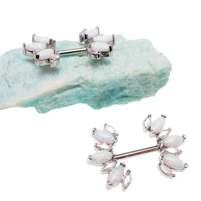 Rainbow CZ White Opal Silver Steel Nipple Bar 14g Body Clickers Earrings Rainbow CZ White Opal Silver Steel Nipple Bar 14g Body Clickers Earrings