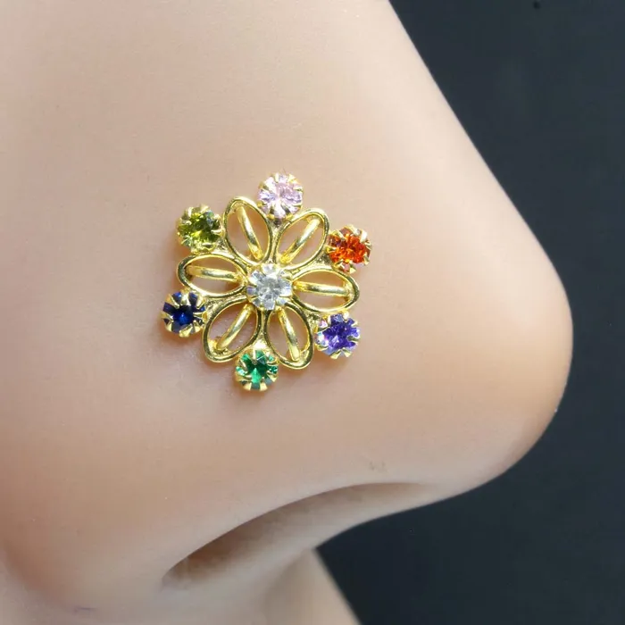 Real Sterling Silver Multi CZ Women Nose Stud Push Pin Karizma Jewels Earrings
