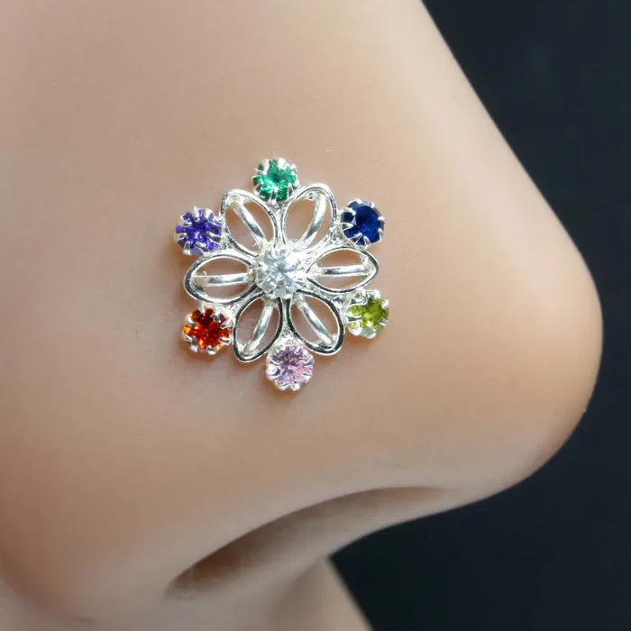Real Sterling Silver Multi CZ Women Nose Stud Push Pin Karizma Jewels Earrings