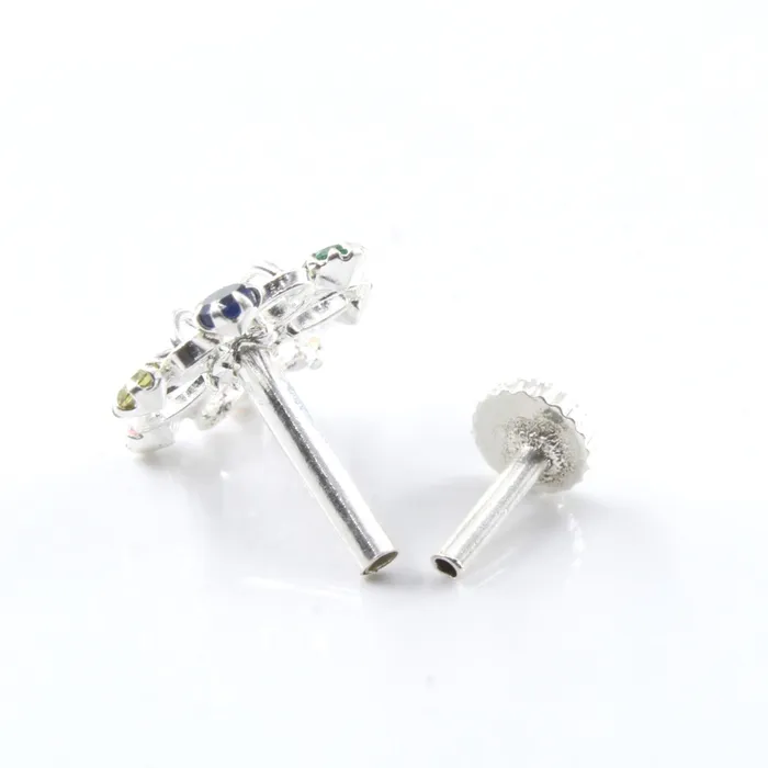 Real Sterling Silver Multi CZ Women Nose Stud Push Pin Karizma Jewels Earrings