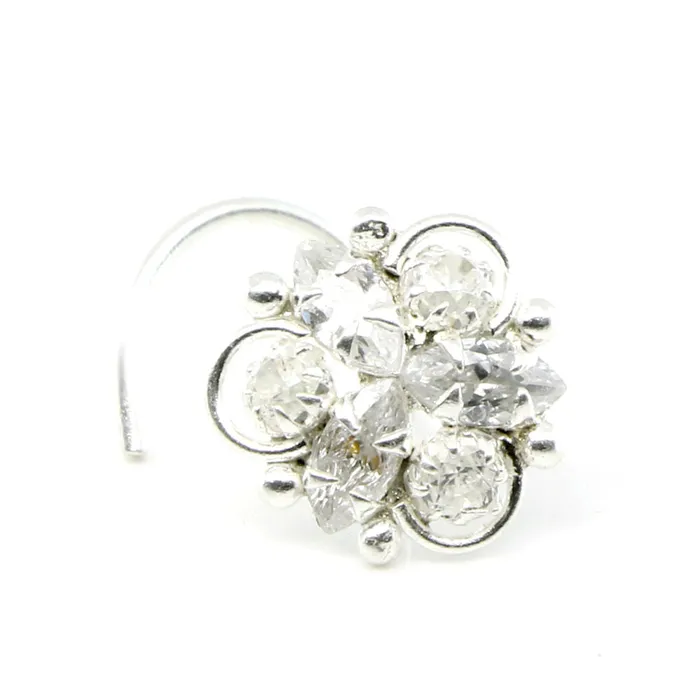 Rings Karizma Jewels Ethnic Indian 925 Sterling Silver White CZ Studded Corkscrew nose ring 22g Rings Karizma Jewels Ethnic Indian 925 Sterling Silver White CZ Studded Corkscrew nose ring 22g