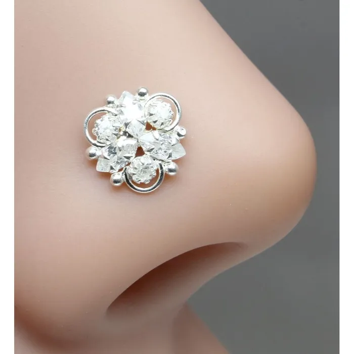 Rings Karizma Jewels Ethnic Indian 925 Sterling Silver White CZ Studded Corkscrew nose ring 22g