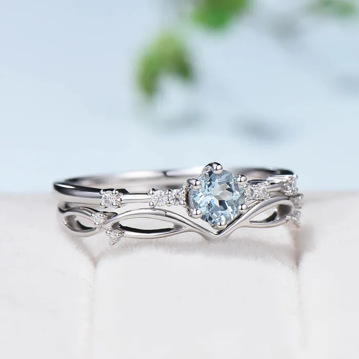 Rings PENFINE Dainty Aquamarine Bridal Set Unique White Gold Aquamarine Engagement Ring Set Art Deco Anniversary Ring Promise Ring for her Minimalist Ring