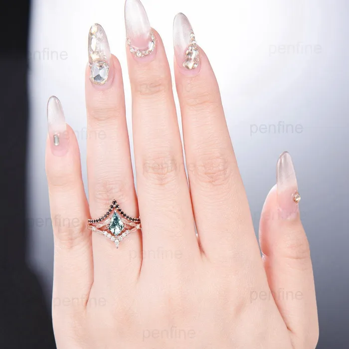 Rings PENFINE Vintage kite moss agate ring rose gold unique aquatic agate diamond engagement ring cluster black spinel rose gold bridal wedding ring set