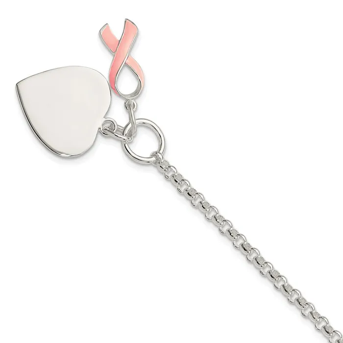 Sterling Silver Fancy Engraveable Heart with Pink Ribbon BraceletWBCQG217175 WB Choice Jewelry Bracelets