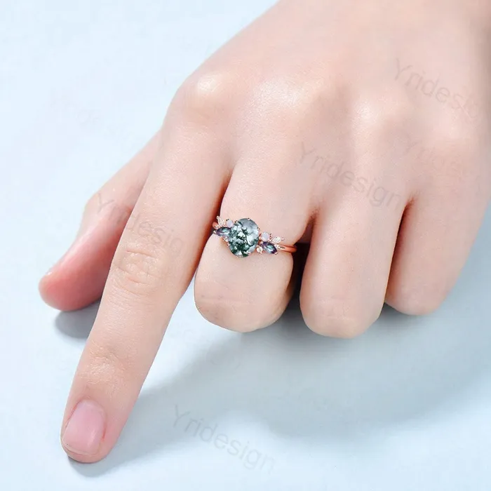 Unique Moss Agate Engagement Ring Women Alternative Alexandrite Opal Wedding Ring Vintage Nature Inspired Cluster Moissanite Promise Ring PENFINE Rings