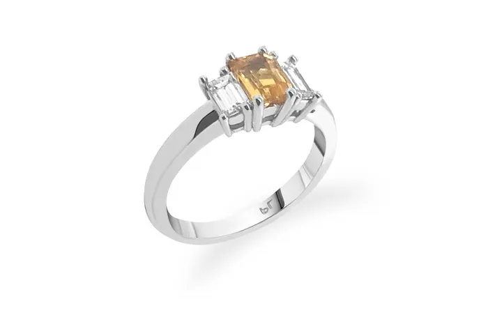 Albert Hern Rings Ring Three Stones Platinum One Yellow Sapphire and Two Diamonds Albert Hern Rings Ring Three Stones Platinum One Yellow Sapphire and Two Diamonds