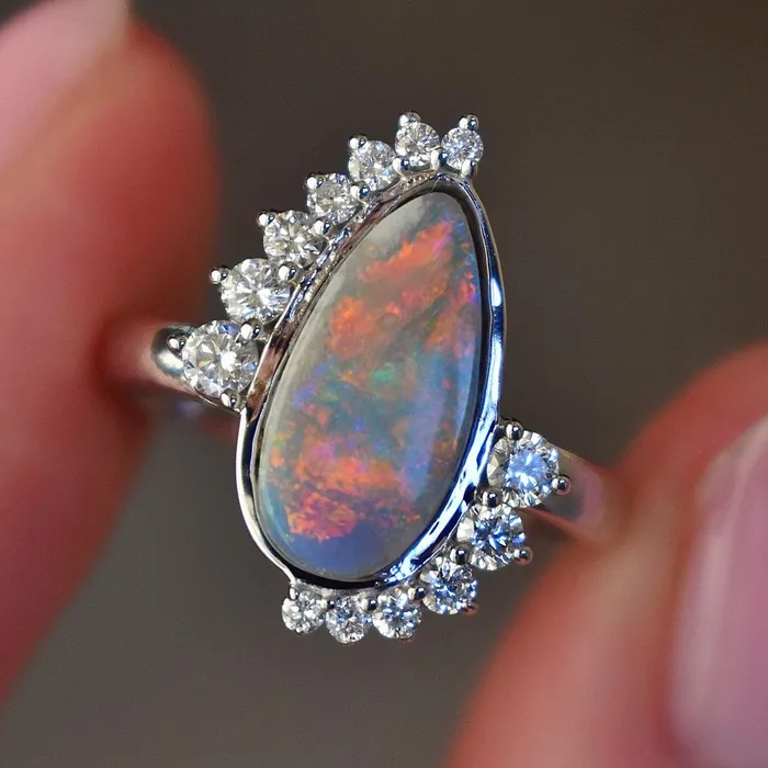 AlbrechtJewellery Rings Opal and Diamond Ring 14K Gold Opal Ring with Diamond Halo Opal Engagement Ring AlbrechtJewellery Rings Opal and Diamond Ring 14K Gold Opal Ring with Diamond Halo Opal Engagement Ring
