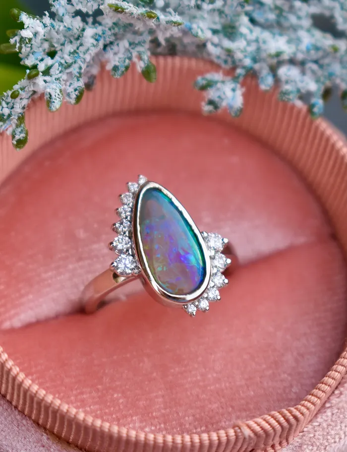 AlbrechtJewellery Rings Opal and Diamond Ring 14K Gold Opal Ring with Diamond Halo Opal Engagement Ring