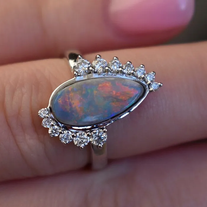 AlbrechtJewellery Rings Opal and Diamond Ring 14K Gold Opal Ring with Diamond Halo Opal Engagement Ring