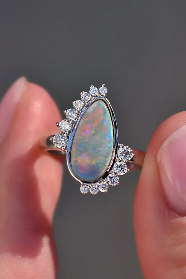 AlbrechtJewellery Rings Opal and Diamond Ring 14K Gold Opal Ring with Diamond Halo Opal Engagement Ring