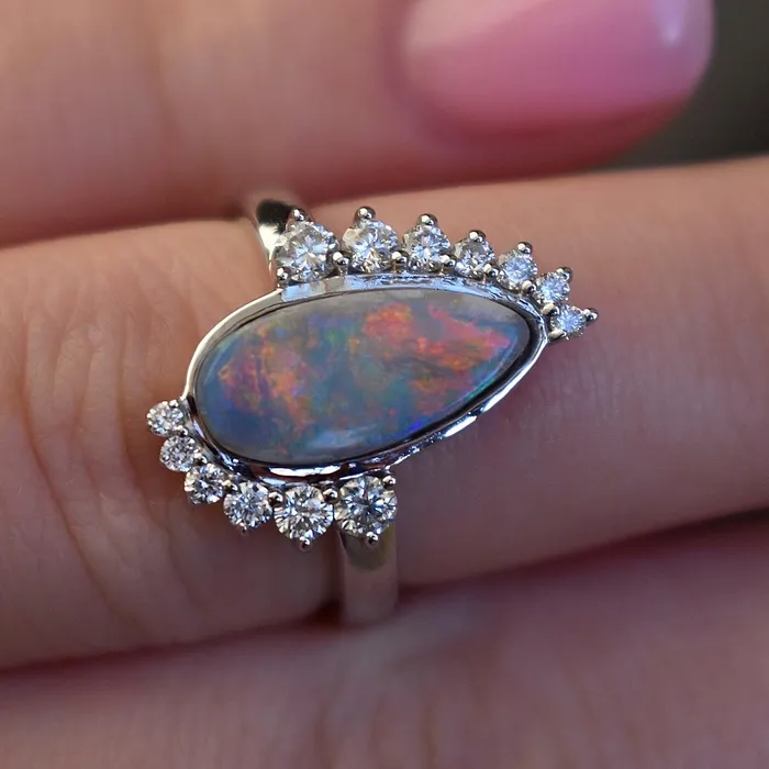 AlbrechtJewellery Rings Opal and Diamond Ring 14K Gold Opal Ring with Diamond Halo Opal Engagement Ring